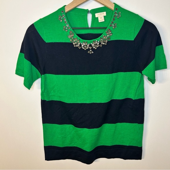 J.Crew Navy Blue and Green Stripe Bejeweled Merino Wool Short Sleeve Sweater, XS - Picture 2 of 9